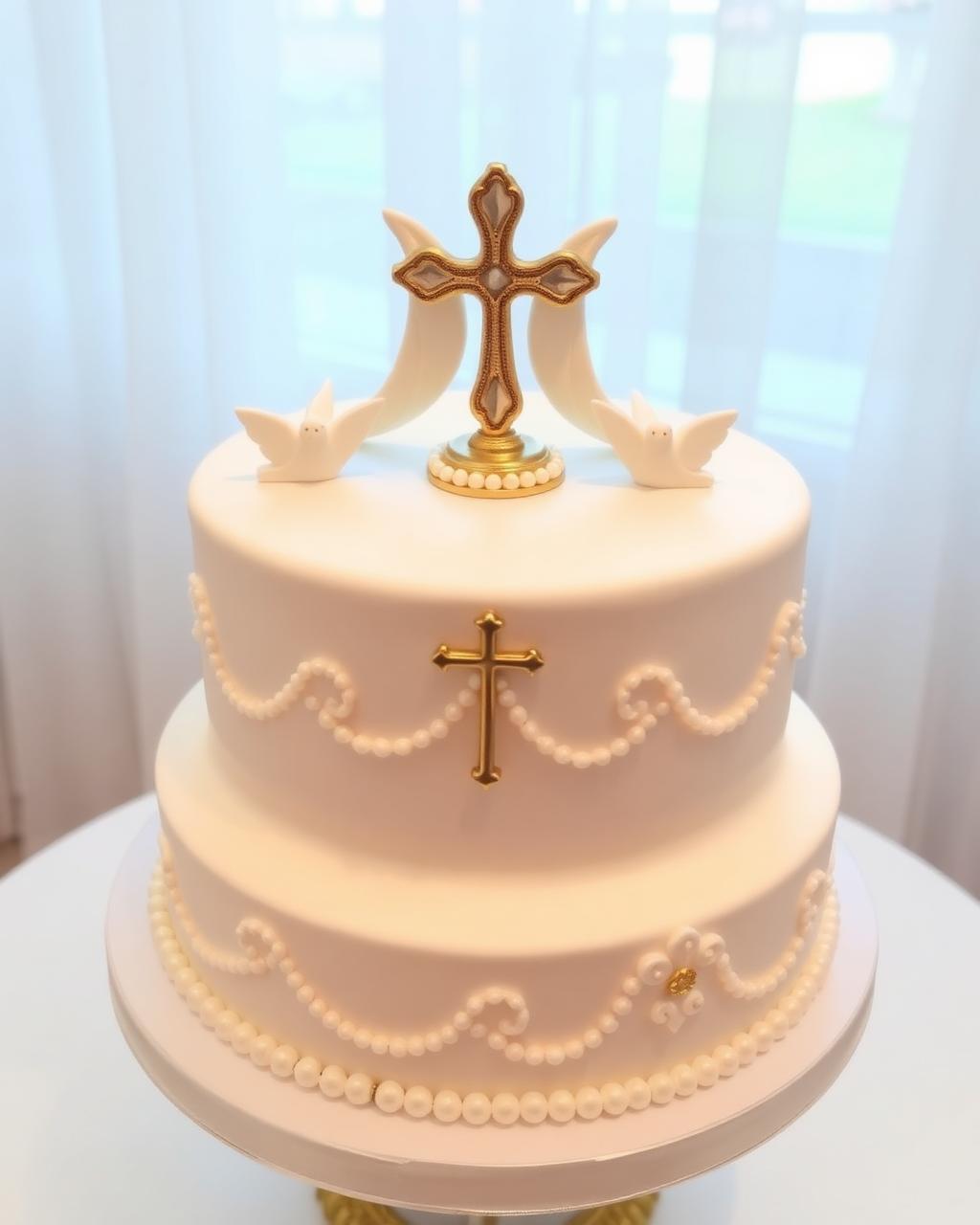 Pastel de evento religioso con detalles delicados, cruz y decoración en tonos pastel