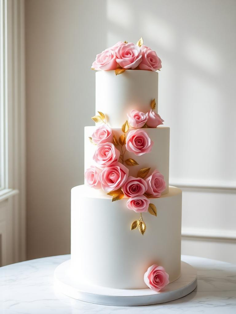 Pastel de boda de tres pisos con cascada de rosas blush y hojas doradas