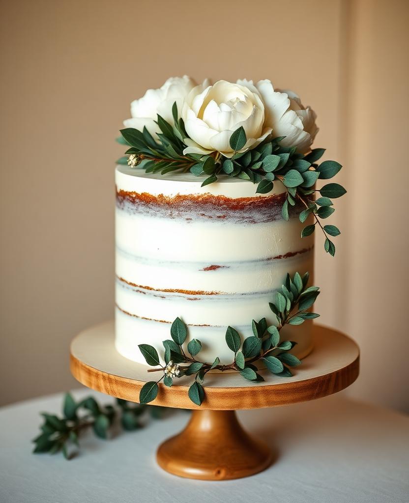 Pastel de boda semi-naked con eucalipto fresco y peonías blancas