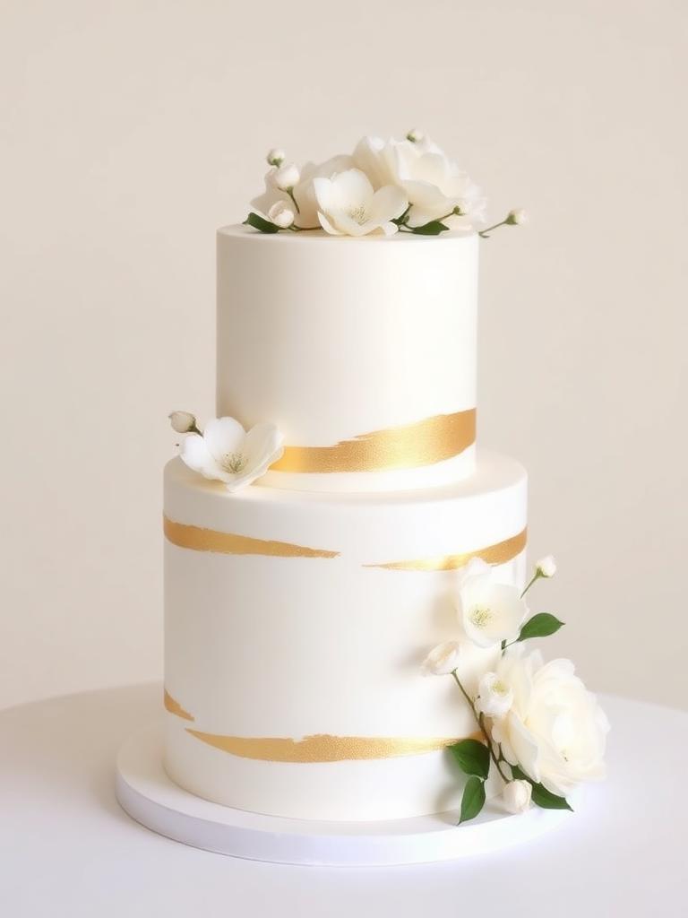 Pastel de boda marfil con pinceladas doradas y flores delicadas de azúcar