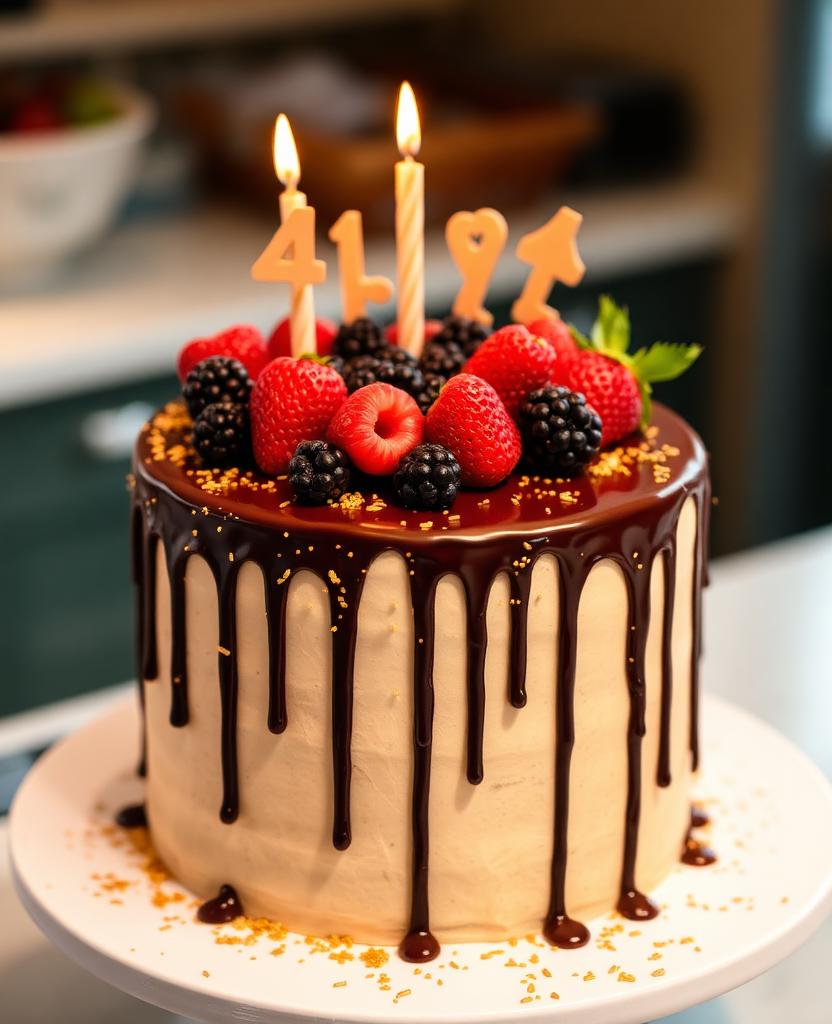 Pastel de cumpleaños con drip de chocolate, frutos rojos y destellos dorados