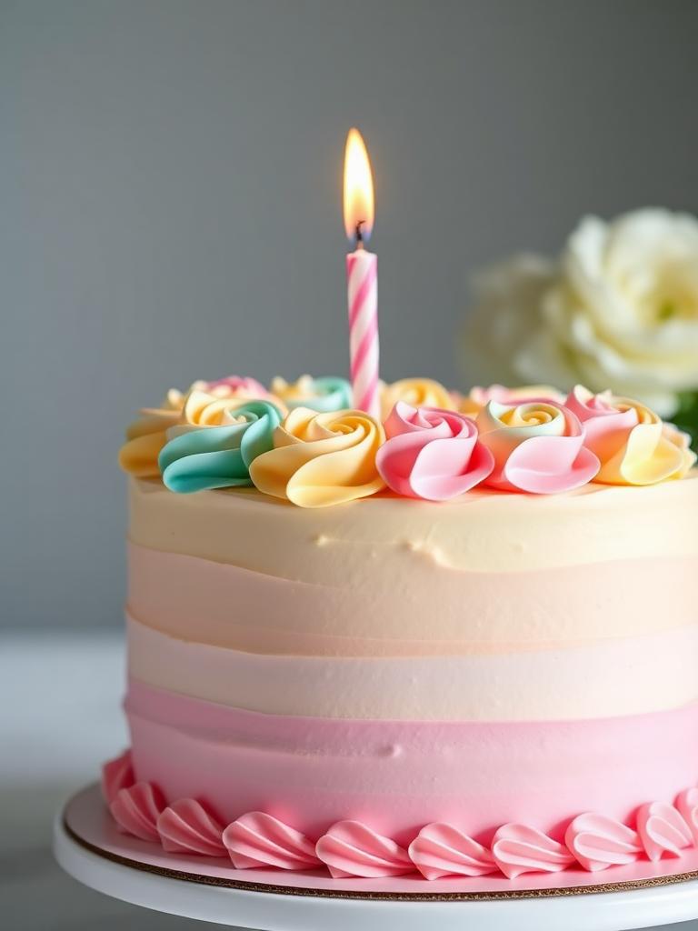 Pastel de cumpleaños pastel arcoíris con rosetones de buttercream y vela