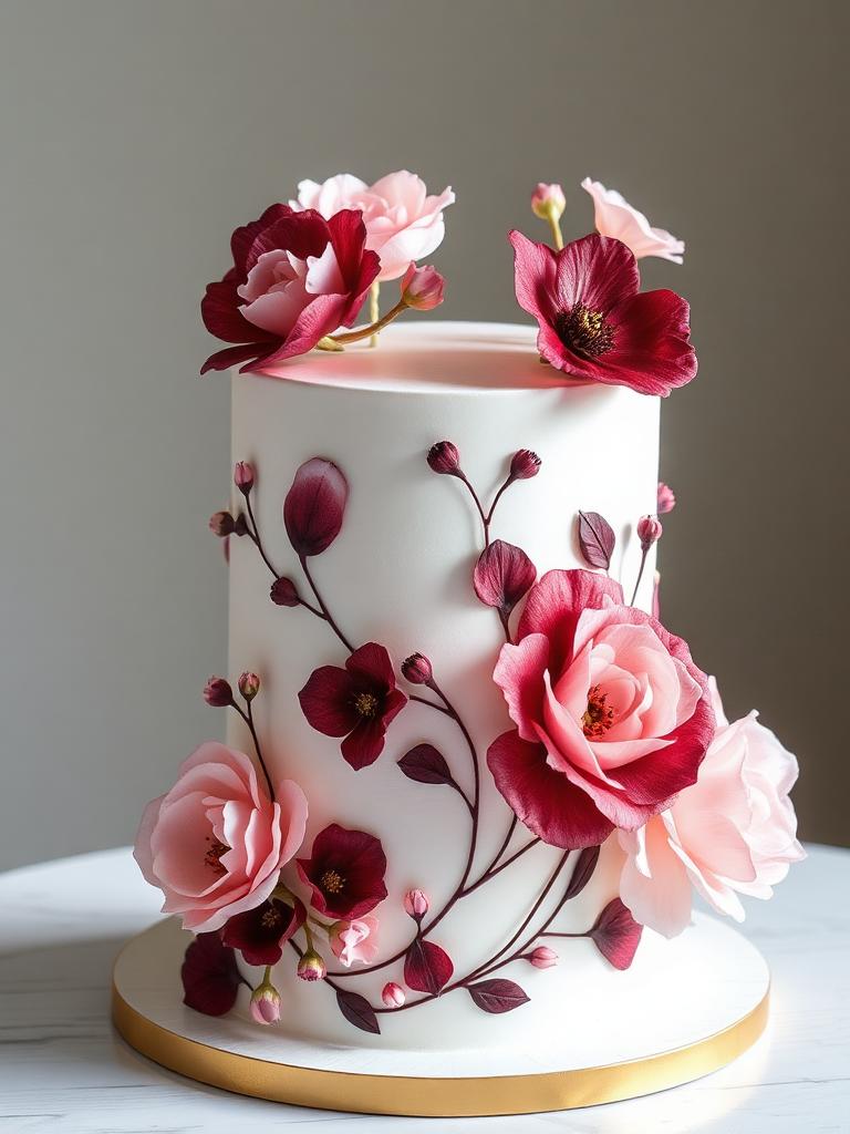 Pastel personalizado con flores en acuarela vino y rosa pintadas a mano