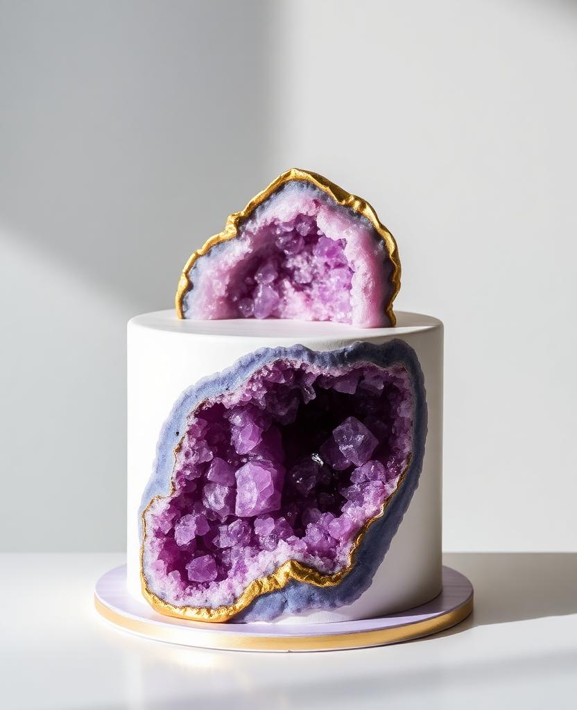 Pastel personalizado estilo geoda con cristales de azúcar amatista y borde dorado