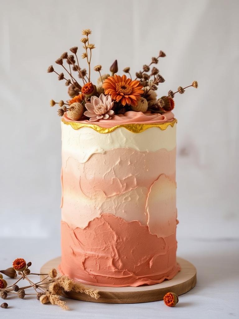 Pastel personalizado en tonos terracota con flores secas y hoja de oro