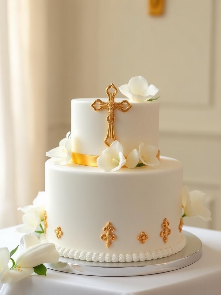 Pastel de primera comunión blanco y dorado con cruz y lirios de azúcar