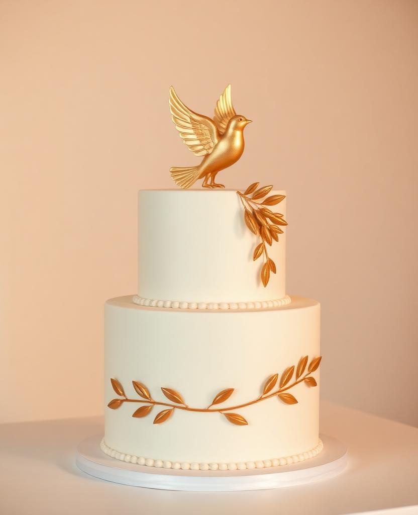 Pastel de confirmación crema con paloma dorada y ramas de olivo en fondant