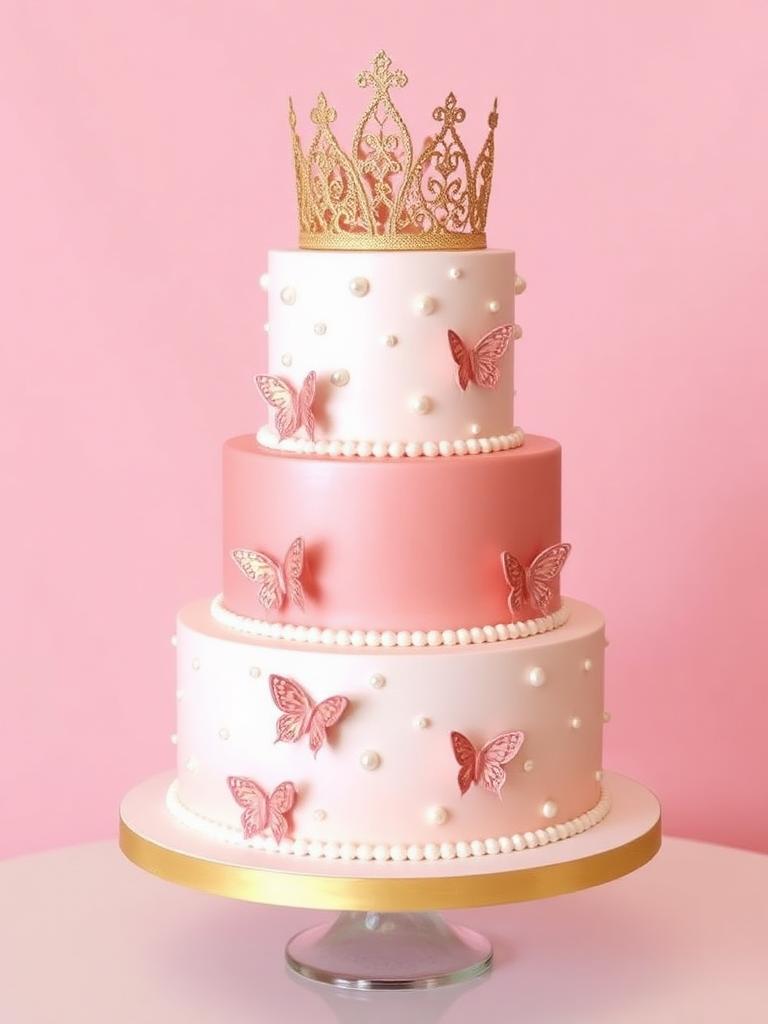 Pastel de XV años de tres pisos en rosa y dorado con mariposas, perlas y corona