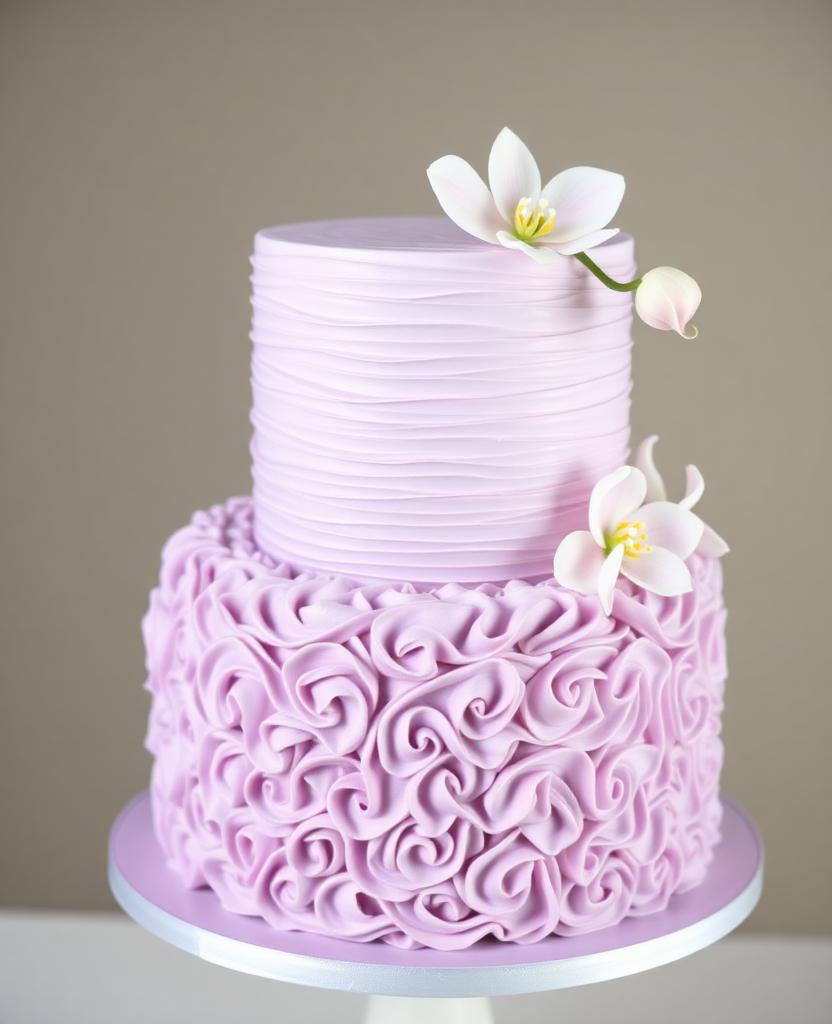 Pastel de XV años lila con textura de rosetones y orquídeas de azúcar