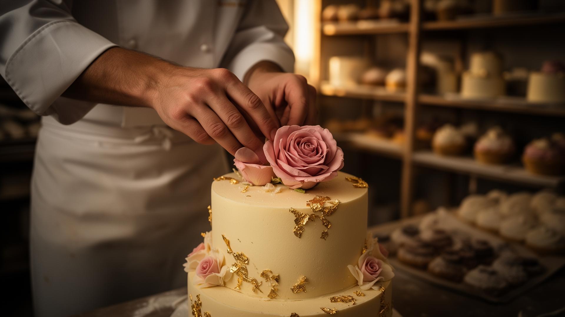 Manos de repostera colocando una rosa de azúcar rosa empolvado sobre un pastel marfil con hoja de oro en el taller