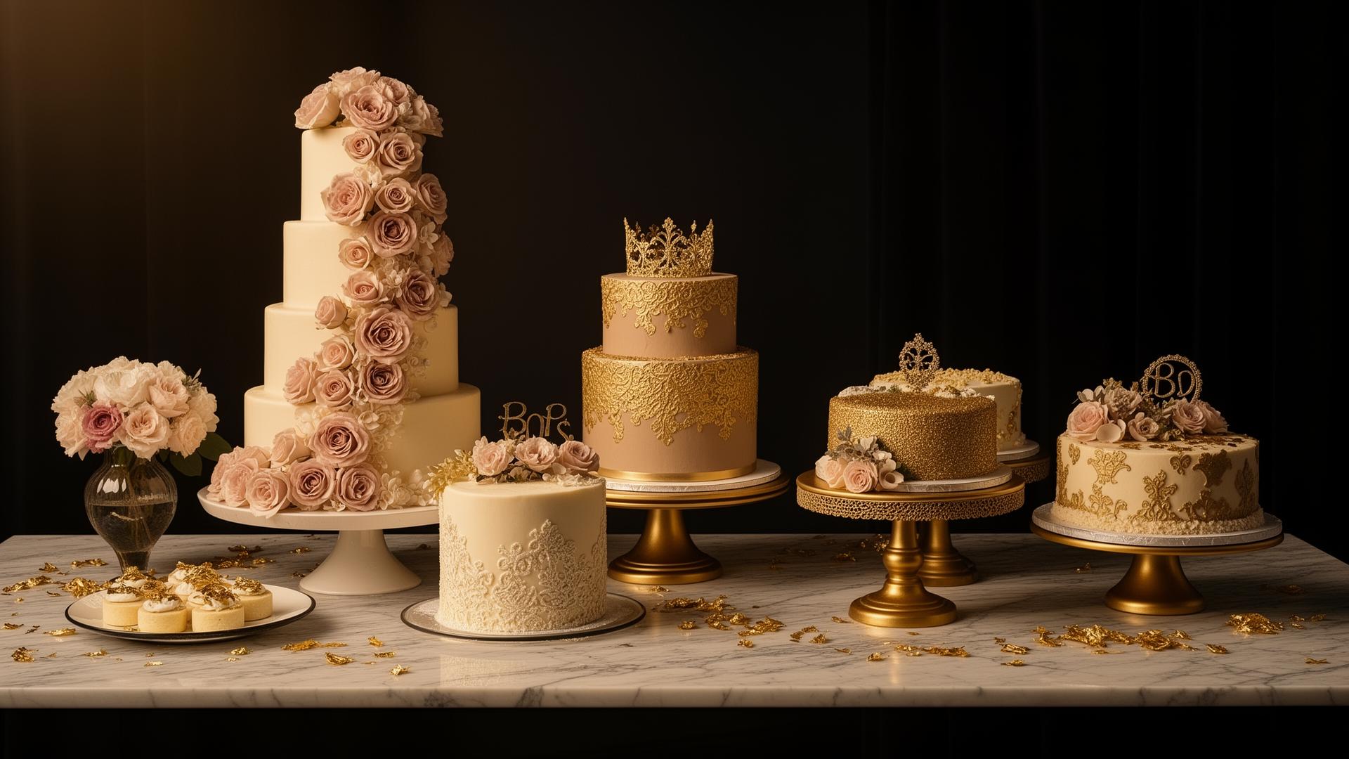 Mesa editorial con pasteles artesanales de boda, XV años y cumpleaños en tonos marfil, rosa empolvado y dorado